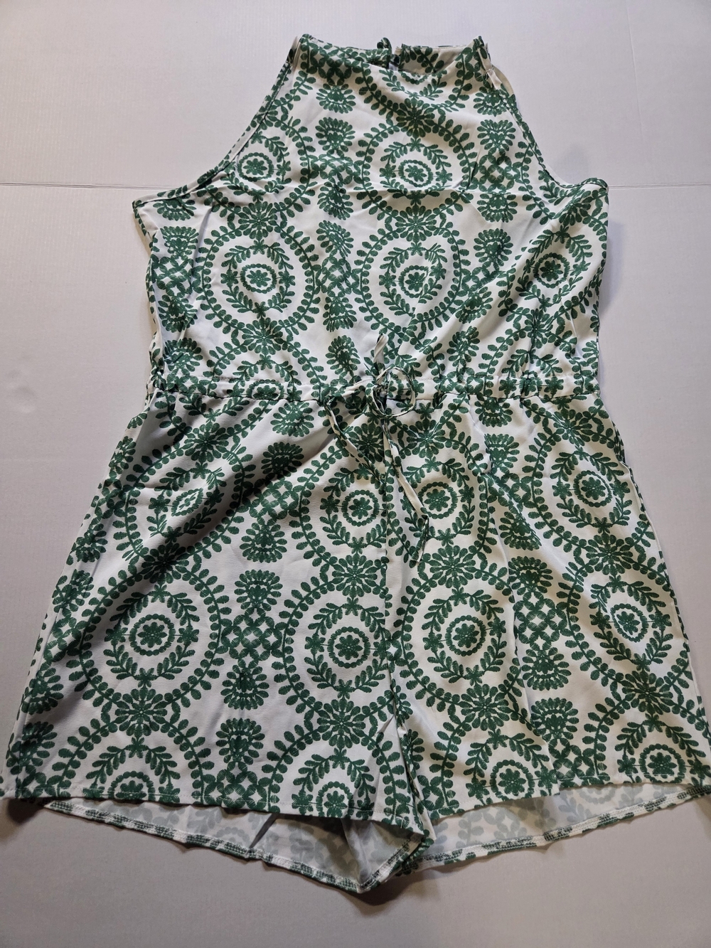 Green and White Printed Halter Romper